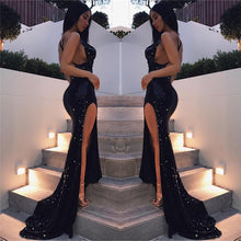 Load image into Gallery viewer, Black Criss-cross Sexy Split Latest Shiny Floor-length Mermaid Sleeveless Prom Dresses RS299