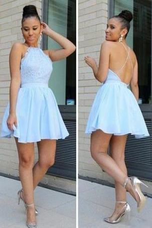 Light Blue Short Chiffon Backless Simple Homecoming Dresses RS526