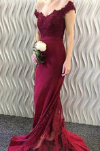 Load image into Gallery viewer, 2024 Off-the-Shoulder Burgundy Lace Appliques Long Mermaid Prom Dresses RS370