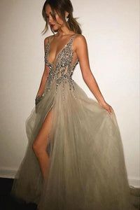 Grey Backless A-Line Deep V-neck Split-Front Sleeveless Sweep Train Prom Dresses with Beads RS254