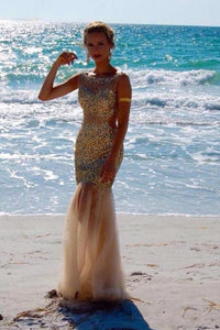Scoop Floor-Length Tulle Sequins Sleeveless Backless Beading Prom Dresses RS395