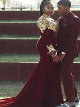Load image into Gallery viewer, Mermaid High Neck Long Sleeve Applique Court Train Velvet Plus Size Prom Dresses RS160