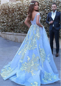 Wonderful Off-the-shoulder Ball Gown Formal Blue Lace Appliques Long Quinceanera Dresses RS119