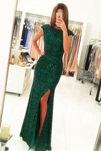 Load image into Gallery viewer, Mermaid Dark Green Open Back Long Cap Sleeves Split-Front Prom Dresses with Sequins RS255
