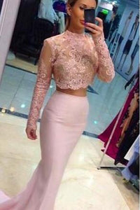 Pale Pink Two Pieces Long Sleeves Lace Mermaid See Through Jewel Neckline Prom Dresses RS201