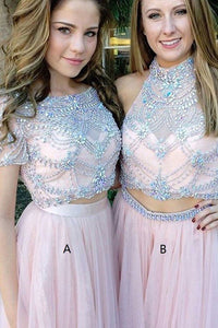 Tulle Scoop Neck A-line Floor-length with Beading Two Piece Short Sleeve Prom Dresses RS631