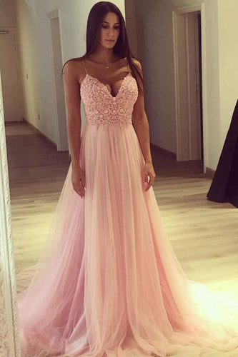 A Line Spaghetti Straps Pink Tulle V Neck Lace Appliques Sleeveless Long Prom Dresses RS72