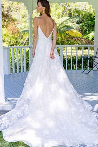 A Line Spaghetti Straps Backless V Neck Long Lace Wedding Dresses Bridal Dresses RS260