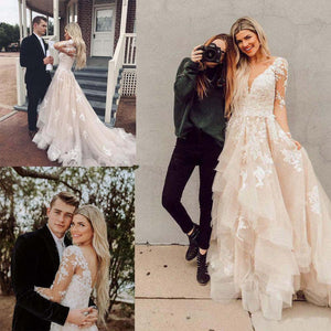 A line V Neck Asymmetrical Long Sleeve Lace Tulle Wedding Dresses with Train Prom Dress RS315