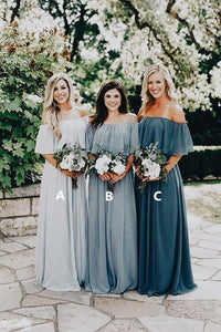 A Line Long Chiffon Off the Shoulder Slate Gray Mismatched Bridesmaid Dresses RS287