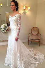 Load image into Gallery viewer, Off the Shoulder Lace Long Sleeve Mermaid V Neck Covered Button Wedding Dresses RS330