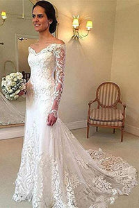 Off the Shoulder Lace Long Sleeve Mermaid V Neck Covered Button Wedding Dresses RS330