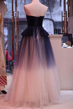 Load image into Gallery viewer, A Line Ombre Blue Tulle Long Prom Dress Unique New Style Strapless Evening Dress RS840