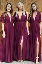 Load image into Gallery viewer, Long Deep V Neck Pleats Dark Red Chiffon Split Bridesmaid Dress Long Prom Dresses RS343
