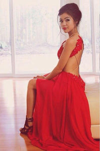Elegant A Line Chiffon Open Back Halter Slit Red Long Cheap Prom Dresses RS58