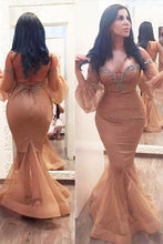 Load image into Gallery viewer, Mermaid 3/4 Sleeves Off the Shoulder Beads Brown Lace up Plus Size Prom Dresses RS164
