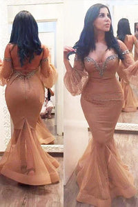 Mermaid 3/4 Sleeves Off the Shoulder Beads Brown Lace up Plus Size Prom Dresses RS164