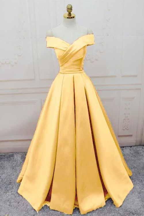 Simple Yellow Off the Shoulder Prom Dresses Lace up Sweetheart Satin Party Dresses P1050