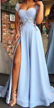 Load image into Gallery viewer, Cap Sleeve Sweetheart A Line Side Slit Satin Blue Long Prom Dresses Evening Dresses RS299