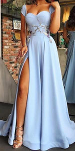Cap Sleeve Sweetheart A Line Side Slit Satin Blue Long Prom Dresses Evening Dresses RS299