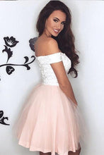 Load image into Gallery viewer, Pretty Lace V Neck Tulle Off the Shoulder Light Pink Sweetheart Homecoming Dresses RS721