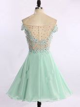Load image into Gallery viewer, Short Chiffon Tulle Appliques Lace Beads Cute Off the Shoulder Green Homecoming Dresses RS740
