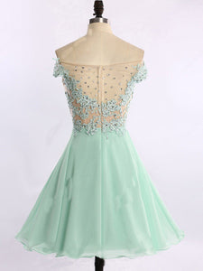 Short Chiffon Tulle Appliques Lace Beads Cute Off the Shoulder Green Homecoming Dresses RS740