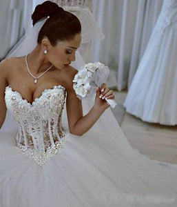 Ball Gown Lace Pearl Beads Unique Arabic Sweetheart White Tulle Princess Wedding Dress RS686