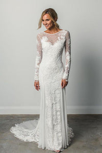 Sheath A Line Long Sleeves Ivory Rustic Lace Backless Scoop Neck Beach Wedding Dresses RS726