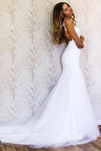 Load image into Gallery viewer, White Lace Mermaid Sweetheart Tulle Spaghetti Straps Backless Affordable Wedding Dresses RS778