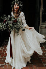 Load image into Gallery viewer, 3/4 Sleeve Lace Ivory Chiffon Wedding Dresses Cheap Two Piece Beach Bridal Dresses RS813