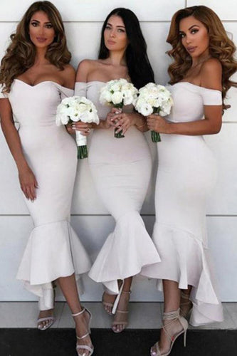 Mermaid Off the Shoulder Sweetheart Ivory Satin Open Back Ruffles Bridesmaid Dresses RS756