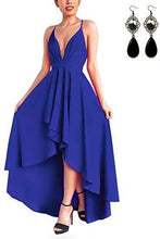 Load image into Gallery viewer, Sexy V Neck Asymmetrical Blue High Low Criss Cross Prom Dresses Evening Dresses RS338