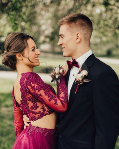 Elegant A Line Two Piece Burgundy Long Sleeve Beads Organza Open Back Long Prom Dresses RS24