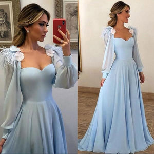 Blue Long Sleeves Sweetheart Prom Dresses A Line Long Evening Dresses RS307