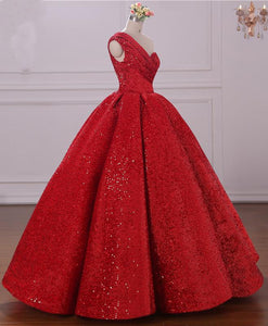 Ball Gown One Shoulder Sequins Red Sweetheart Prom Dresses Quinceanera Dresses RS39