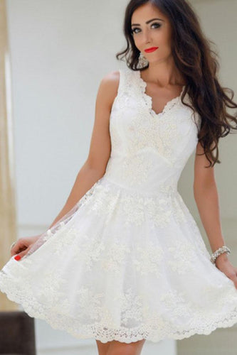 A-Line V-Neck White Tulle Short Prom Dresses Cute Lace Appliques Homecoming Dress RS719