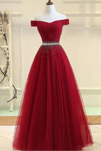 A Line Burgundy Off the Shoulder Lace up Tulle Sweetheart Long Prom Dresses RS141