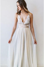 Load image into Gallery viewer, Elegant Fashion A Line V Neck Open Back Chiffon Ivory Lace Long Wedding Dresses RS954