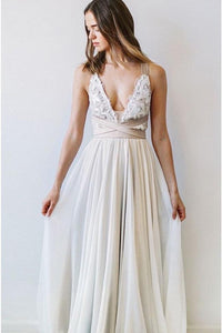 Elegant Fashion A Line V Neck Open Back Chiffon Ivory Lace Long Wedding Dresses RS954
