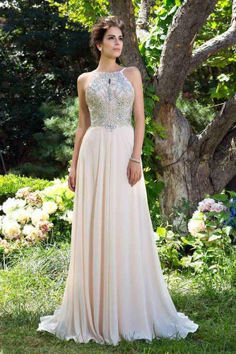 A-Line Chiffon High Neck Pink Beads Sleeveless Backless Floor-Length Prom Dresses RS885
