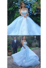 Load image into Gallery viewer, Light Blue Lace Appliques Ball Gown Tulle Prom Dresses Princess Wedding Dresses RS332