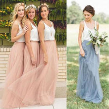 Load image into Gallery viewer, Cheap Junior Off Shoulder Scoop Neck White Blush Pink Tulle Long Bridesmaid Dresses RS612