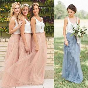 Cheap Junior Off Shoulder Scoop Neck White Blush Pink Tulle Long Bridesmaid Dresses RS612