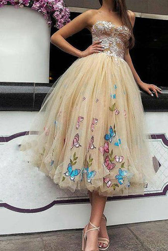 Elegant Strapless Sweetheart Appliques Tulle Tea Length Prom Dresses RS992