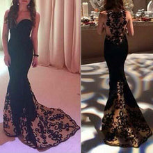 Load image into Gallery viewer, Mermaid Sweetheart Sweep Train Tulle Satin Black with Appliques Lace Prom Dresses RS625