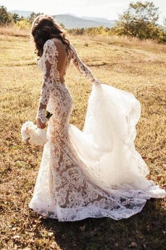 Romantic Long Appliques Backless Lace Mermaid Ivory Long Sleeve Wedding Dresses RS294