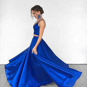Sexy Royal Blue Two Piece Long Simple Satin Blue V-Neck Formal Evening Prom Dresses RS620
