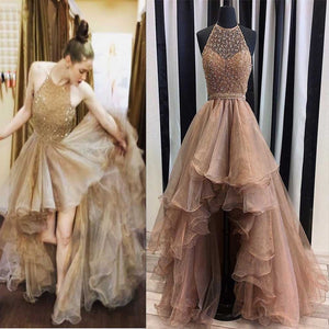 Halter Top Illusion Rhinestone Beaded Hi-Low Tulle Most Popular Long Prom Dresses RS623