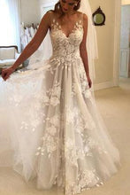 Load image into Gallery viewer, Elegant A-Line V-Neck Tulle Open Back Ivory Wedding Dresses with Lace Appliques RS114